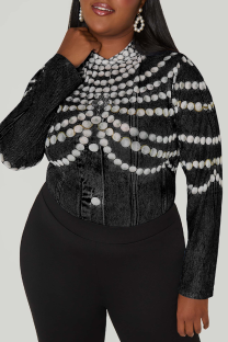 Black Casual Print Contrast O Neck Plus Size Tops