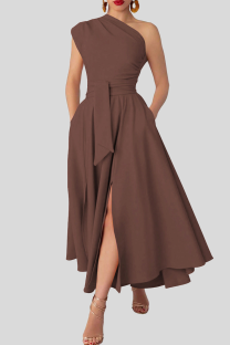 Brown Elegant Solid Color Pocket Backless Slit Oblique Collar Long Plus Size Dresses