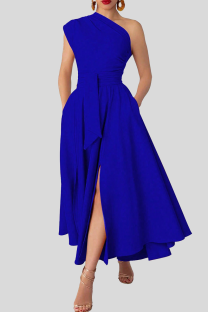 Blue Elegant Solid Color Pocket Backless Slit Oblique Collar Long Plus Size Dresses