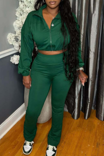 Green Casual Solid Color Zipper Turndown Collar Long Sleeve Two Pieces