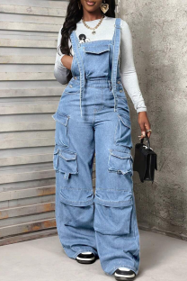 Light Blue Casual Solid Color Pocket Sleeveless Loose Denim Jumpsuits