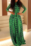 Green Elegant Print Patchwork Turtleneck Long Dresses