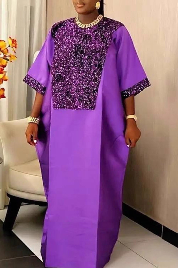 Purple Casual Solid Color Sequins O Neck Long Dresses