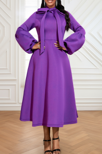 Purple Elegant Solid Color Strap Design O Neck Long Dresses