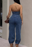 Blue Casual Solid Color Buckle Strapless Sleeveless Two Pieces