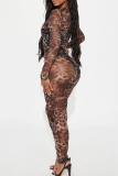 Leopard Print Sexy Leopard Print See-Through O Neck Skinny Jumpsuits