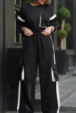 Black Casual Pocket Contrast O Neck Long Sleeve Two Pieces