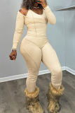 Apricot Casual Solid Color Patchwork Halter Long Sleeve Two Pieces