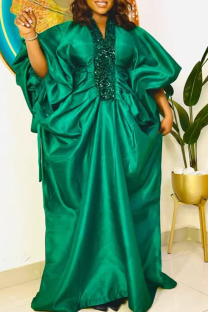 Green Casual Solid Color Sequins V Neck Long Dresses