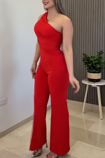 Red Casual Solid Color Patchwork Oblique Collar Regular Jumpsuits