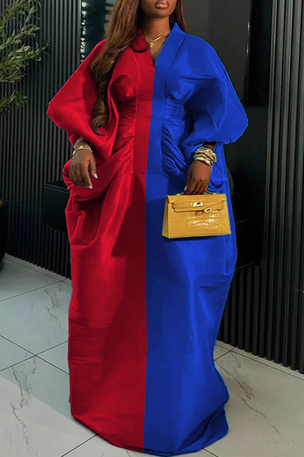 Red Blue Casual Solid Color Ruched V Neck Long Dresses