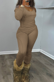 Apricot Casual Solid Color Patchwork Halter Long Sleeve Two Pieces