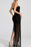 Black Sexy Solid Color Fringed Trim Hot Drill Strapless Strapless Dresses