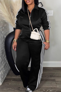 Black Casual Stripe Contrast Zipper Collar Long Sleeve Two Pieces
