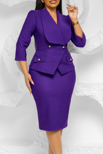Purple Elegant Solid Color Buttons Turn-back Collar Pencil Skirt Dresses