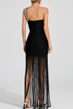 Black Sexy Solid Color Fringed Trim Hot Drill Strapless Strapless Dresses
