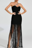 Black Sexy Solid Color Fringed Trim Hot Drill Strapless Strapless Dresses
