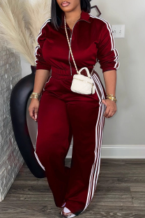Burgundy Casual Stripe Contrast Zipper Collar Long Sleeve Two Pieces