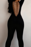 Black Sexy Solid Color Cross Straps Square Neck Skinny Jumpsuits