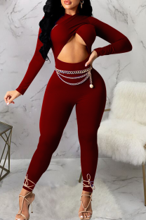 Burgundy Sexy Solid Color Hollow Out O Neck Skinny Jumpsuits