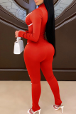 Red Casual Stripe Contrast Zipper Collar Skinny Jumpsuits