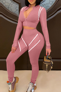 Pink Casual Stripe Contrast Zipper Collar Long Sleeve Two Pieces