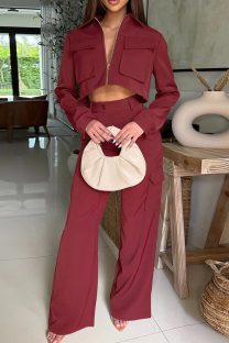 Red Casual Solid Color Pocket Zipper Collar Long Sleeve Two Pieces
