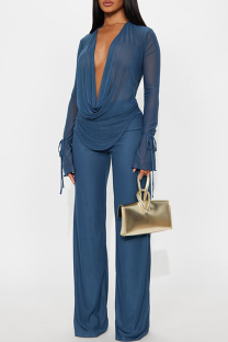 Blue Casual Solid Color Strap Design Deep V Neck Long Sleeve Two Pieces