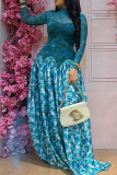 Blue Elegant Print Contrast O Neck Long Dresses