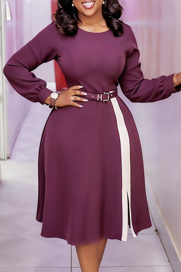 Purple Casual Solid Color With Belt Contrast O Neck Long Dresses
