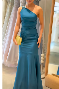 Blue Sexy Solid Color Patchwork Oblique Collar Fishtail Dresses