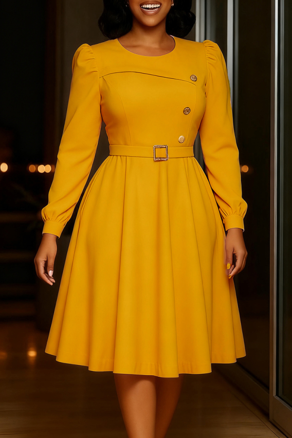 Yellow Elegant Solid Color With Belt O Neck A Line Dresses