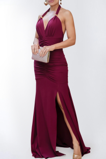 Burgundy Sexy Solid Color Backless Slit Halter Long Dresses