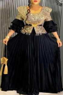Black Elegant Solid Color Hot Drill U Neck Long Plus Size Dresses