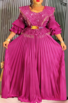 Rose Red Elegant Solid Color Hot Drill U Neck Long Plus Size Dresses