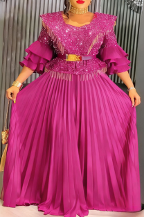 Rose Red Elegant Solid Color Hot Drill U Neck Long Plus Size Dresses