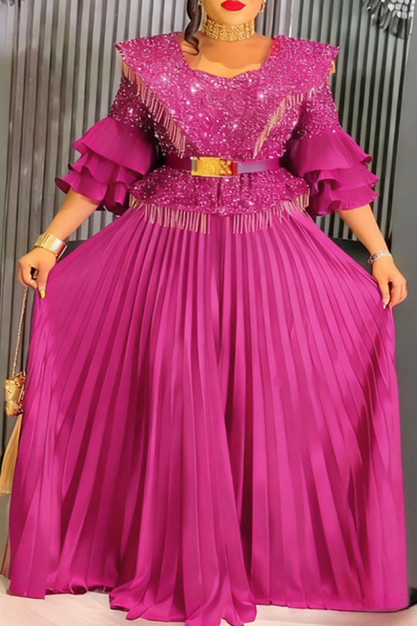 Rose Red Elegant Solid Color Hot Drill U Neck Long Plus Size Dresses
