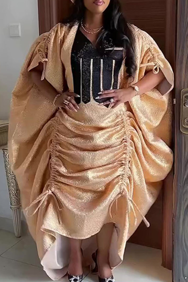 Champagne Casual Solid Color Draw String Ruched V Neck Long Dresses