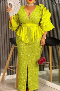 Lemon Yellow Elegant Solid Color Sequins Slit V Neck Long Plus Size Dresses