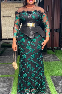 Green Sexy Print Lace O Neck Long Plus Size Dresses
