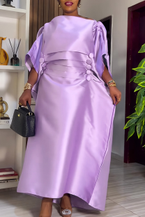 Purple Casual Solid Color Ruched O Neck Long Dresses