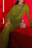 Green Elegant Solid Color Ruched O Neck Long Dresses