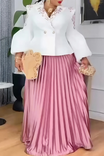 White Elegant Print Pleated Turn-back Collar Plus Size Two Pieces