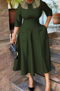 Green Casual Solid Color Pocket O Neck Long Dresses