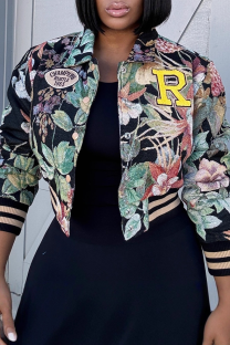 Black Casual Letters Embroidered Turndown Collar Outerwear
