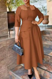 Caramel Colour Casual Solid Color Pocket O Neck Long Dresses