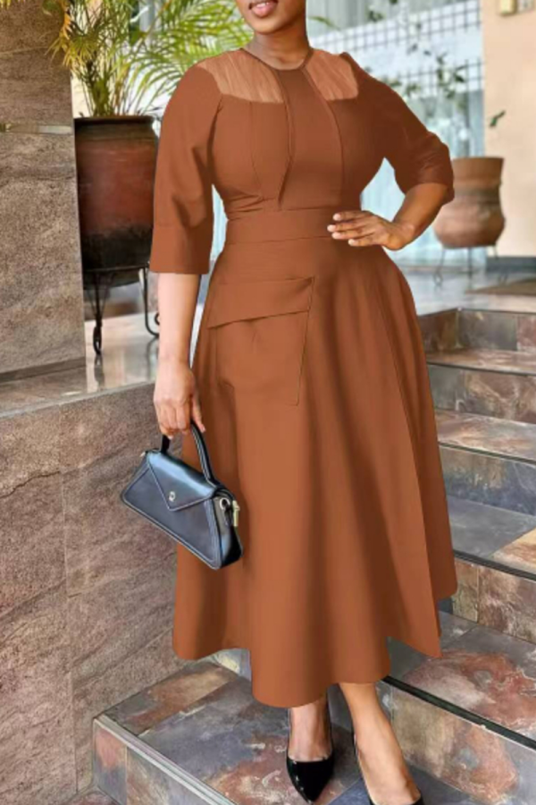 Caramel Colour Casual Solid Color Pocket O Neck Long Dresses