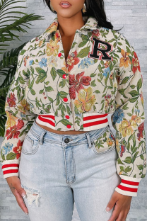Apricot Casual Letters Embroidered Turndown Collar Outerwear