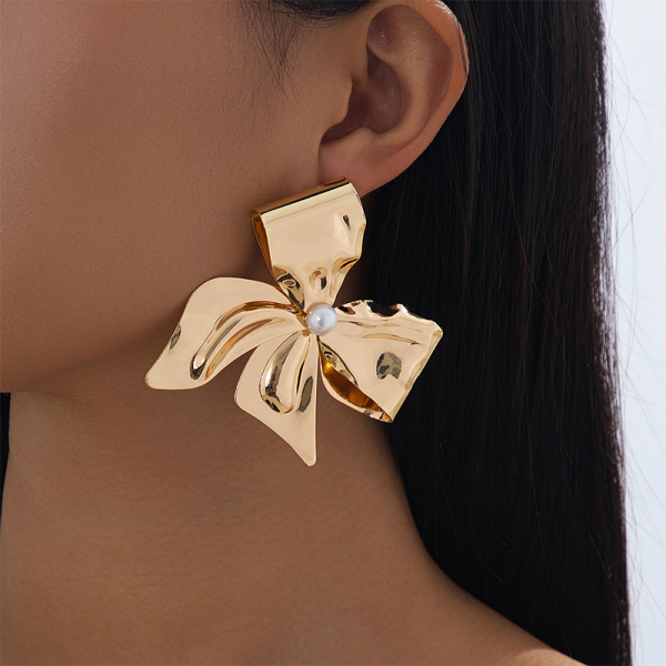Gold Daily Solid Color Bow Decor Earrings