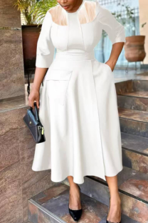 White Casual Solid Color Pocket O Neck Long Dresses